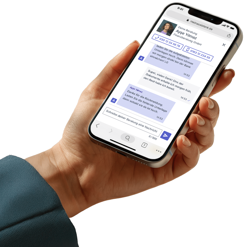 Europace Assistent Die Chat-Funktion des Europace Assistenten auf einem Smartphone.
